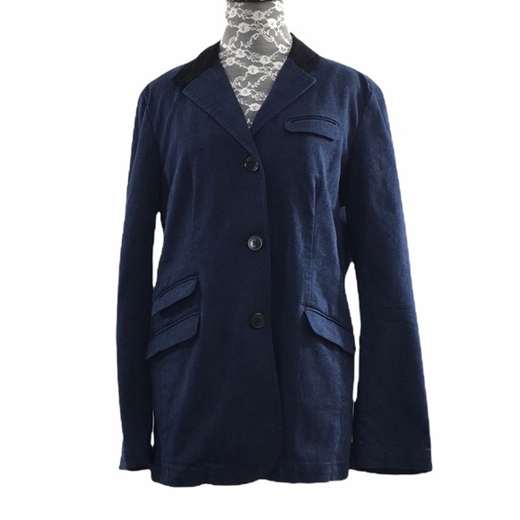 Orvis Dark Blue Denim Blazer Jacket Barn Coat Womens 12 Black Corduroy Collar - Picture 1 of 12